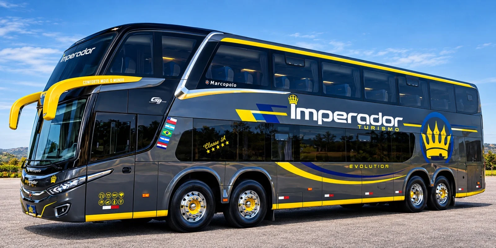 Double-deck 74040 Marcopolo G8 da Imperador, cinza e amarelo, de frente e de lado