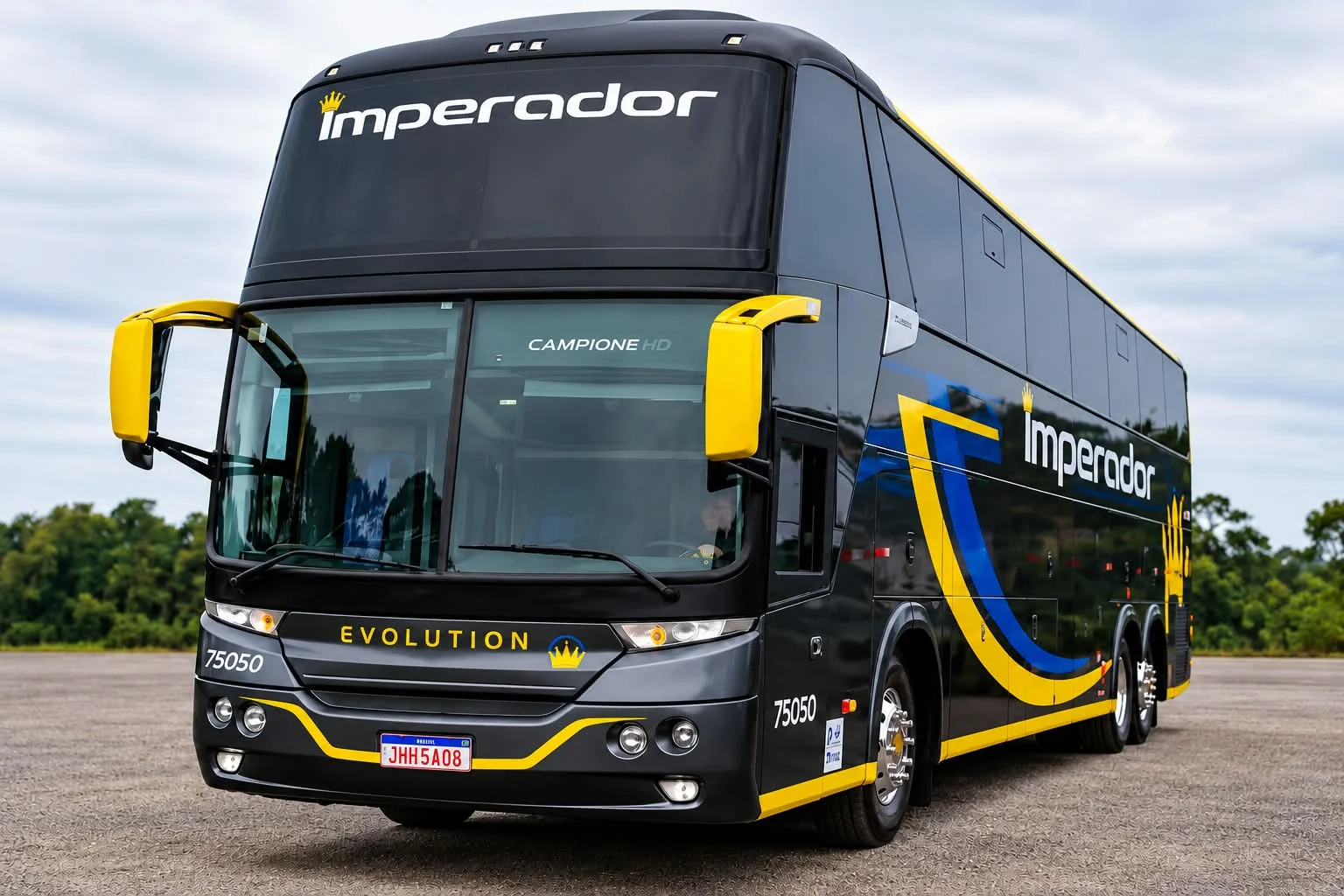 Ônibus 75050 da Imperador, preto com faixas amarela e azul, de frente