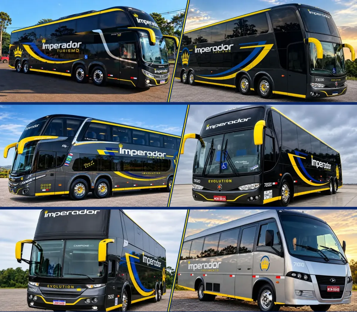 Montagem com seis carros da frota Imperador lado a lado: o double-deck novo, o 73030, o double-deck Marcopolo G8, o 72020, o 75050 e o micro-ônibus 71010