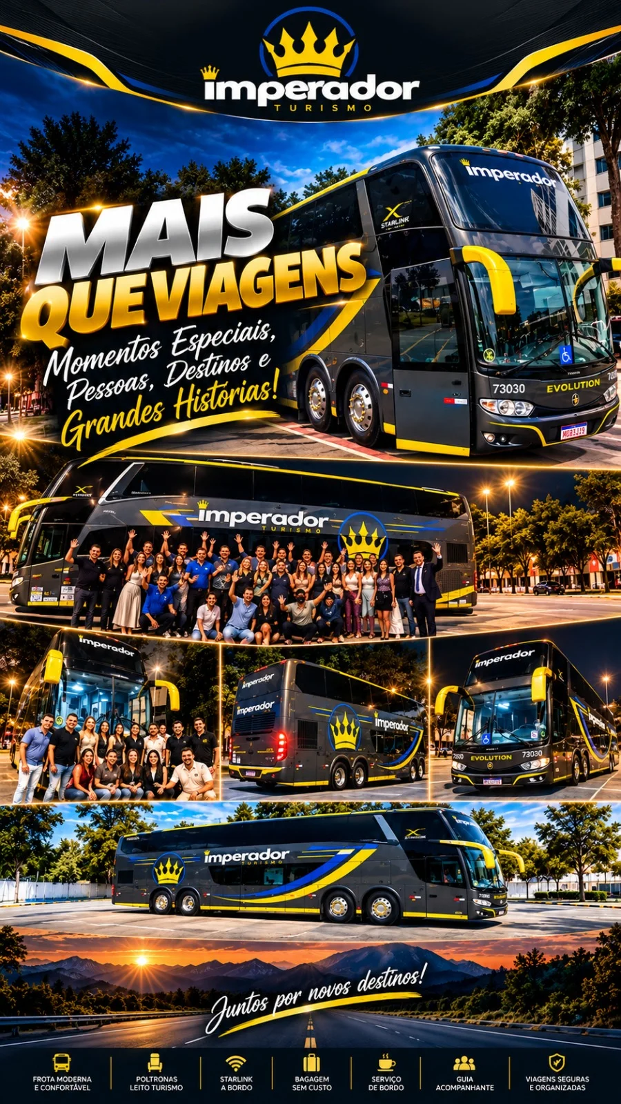 Arte Mais que viagens: grupo de clientes diante do double-deck Imperador e a frota à noite