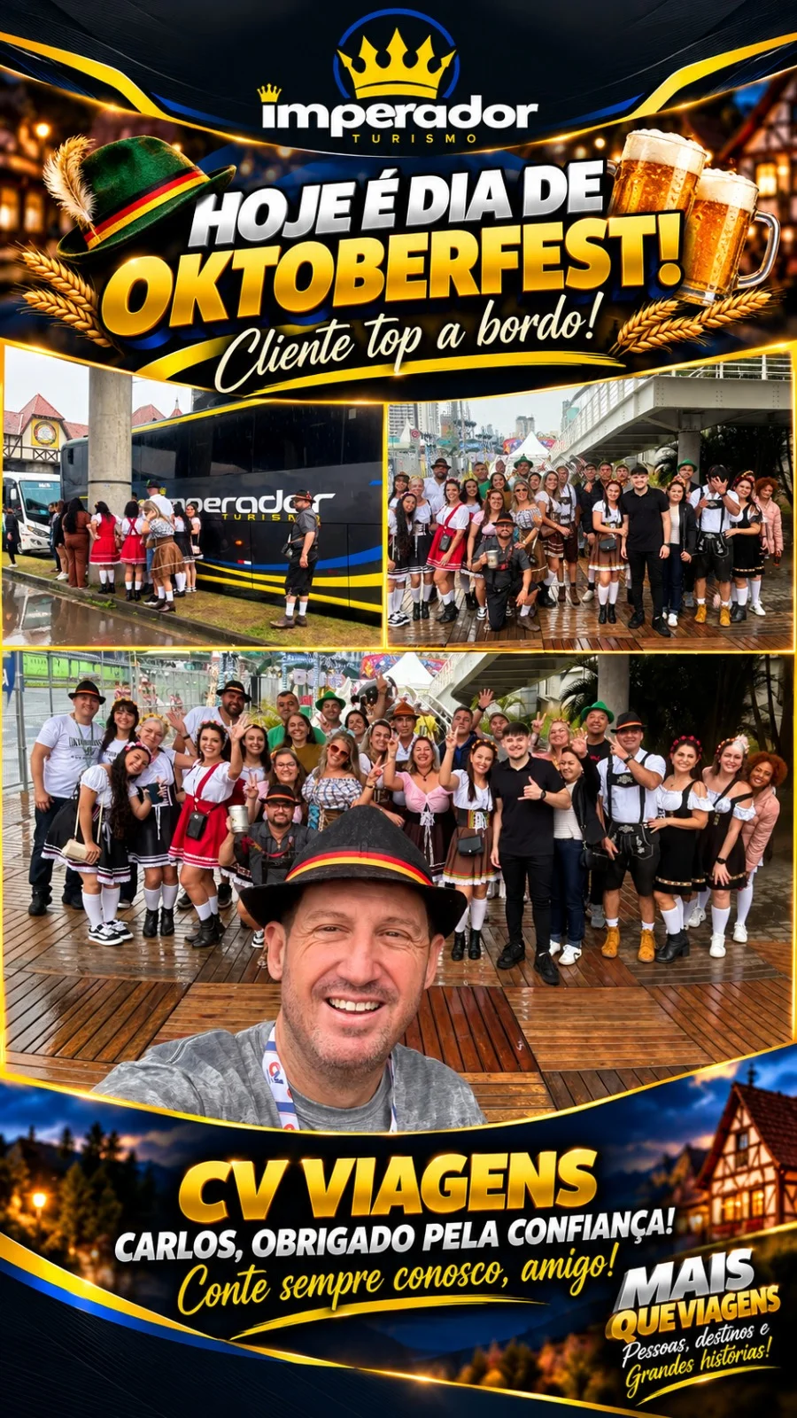 Arte Hoje é dia de Oktoberfest: grupo da CV Viagens em trajes típicos com a Imperador