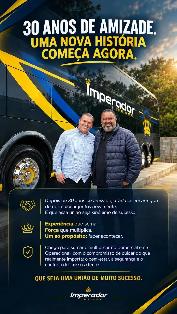 Arte 30 anos de amizade: Rafael Silvy e o sócio da Imperador Turismo diante do double-deck