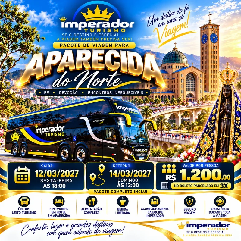 Arte do pacote Aparecida do Norte com parada em São Paulo, 12 a 14 de março de 2027