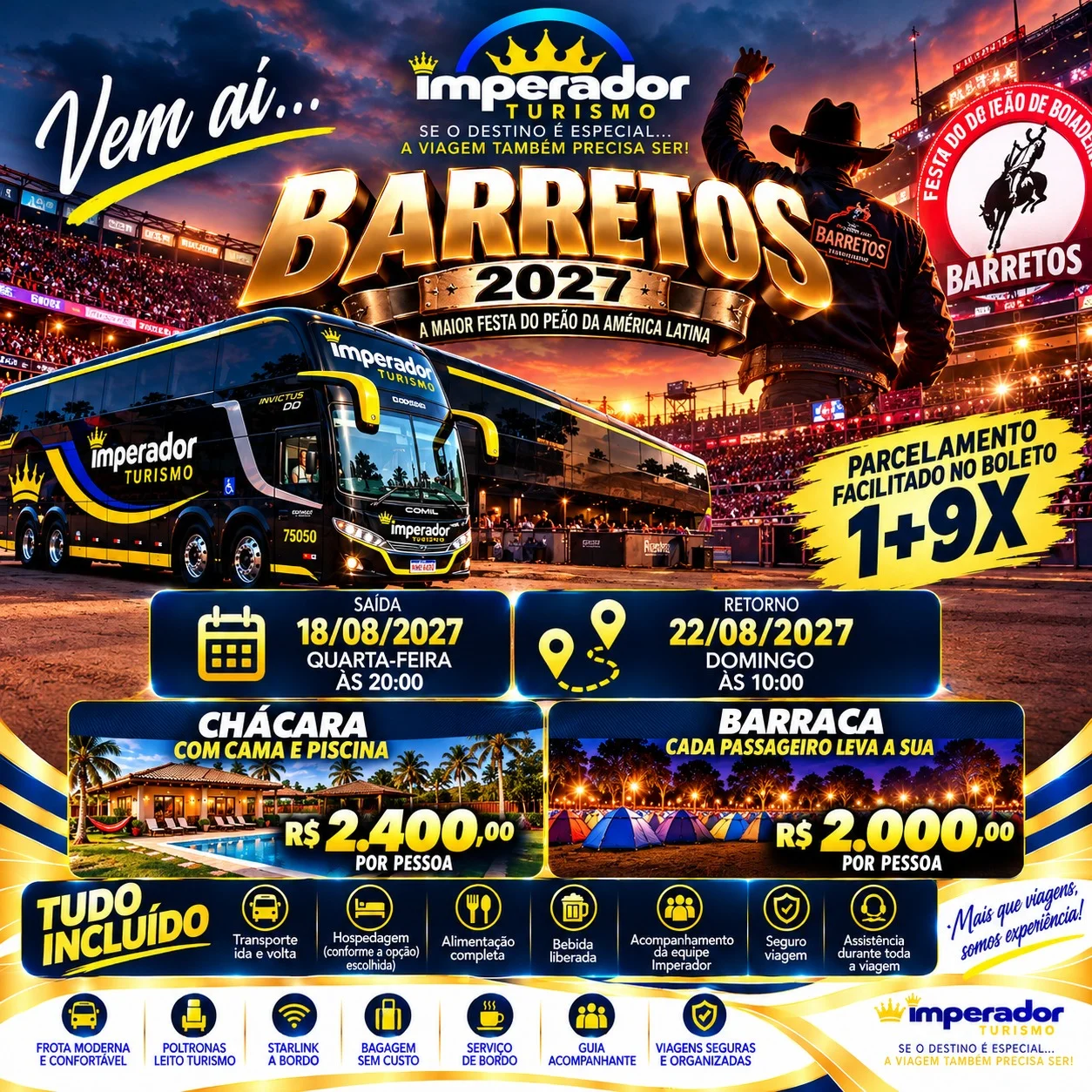 Arte do pacote Barretos 2027, saída 18/08 e retorno 22/08 de 2027, chácara ou barraca