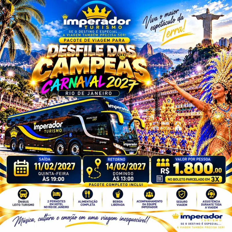 Arte do pacote Desfile das Campeãs, Carnaval 2027 no Rio, 11 a 14 de fevereiro