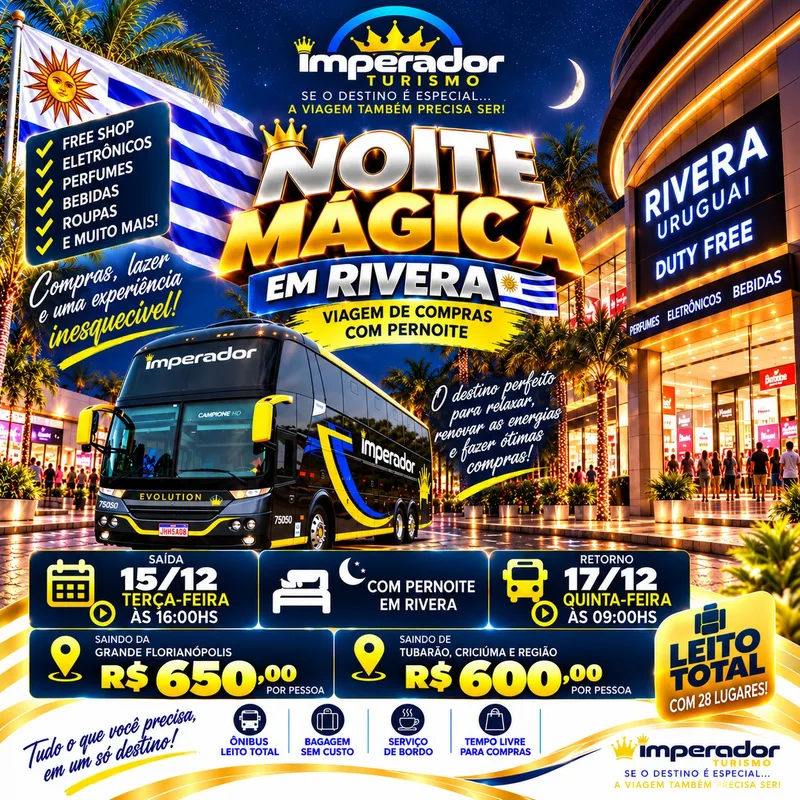 Arte do pacote Noite Mágica em Rivera, saída 15/12 e retorno 17/12