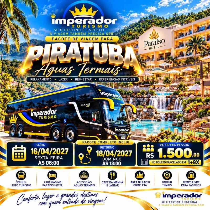 Arte do pacote Piratuba Águas Termais, 16 a 18 de abril de 2027