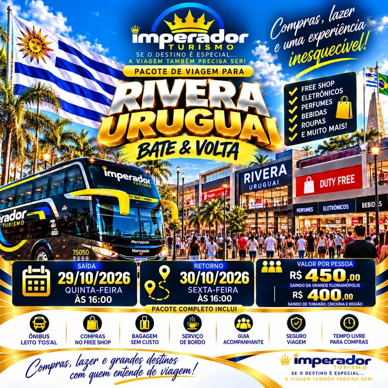 Arte do pacote Rivera (Uruguai) bate e volta de compras, saída 29/10 e retorno 30/10
