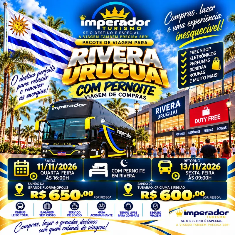 Arte do pacote Rivera com pernoite, saída 11/11 e retorno 13/11